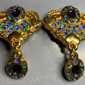 MOOIE Franse ONTWERPER JACKY De G Goud Blauw Groen Hars Vintage Clip Op Dangly Oorbellen Hart Design Statement Zomer Glamour Couture Cadeau