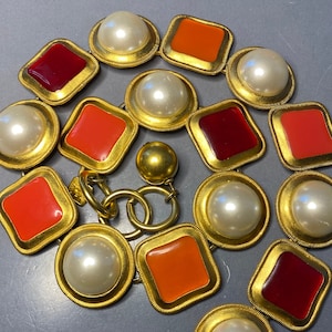 Stunning ANNE KLEIN Vintage Designer Gold Red and Orange Enamel Pearls Massive Links Avant Garde Hollywood Runway Signed Choker Necklace
