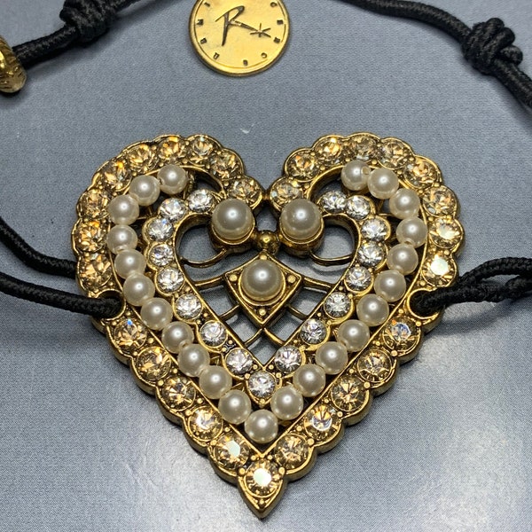 Fabulous REMINISCENCE Vintage Gold Tone Imitation Pearls Sparkling Crystals Heart Valentines Day Signed Designer Thread Corded Bracelet