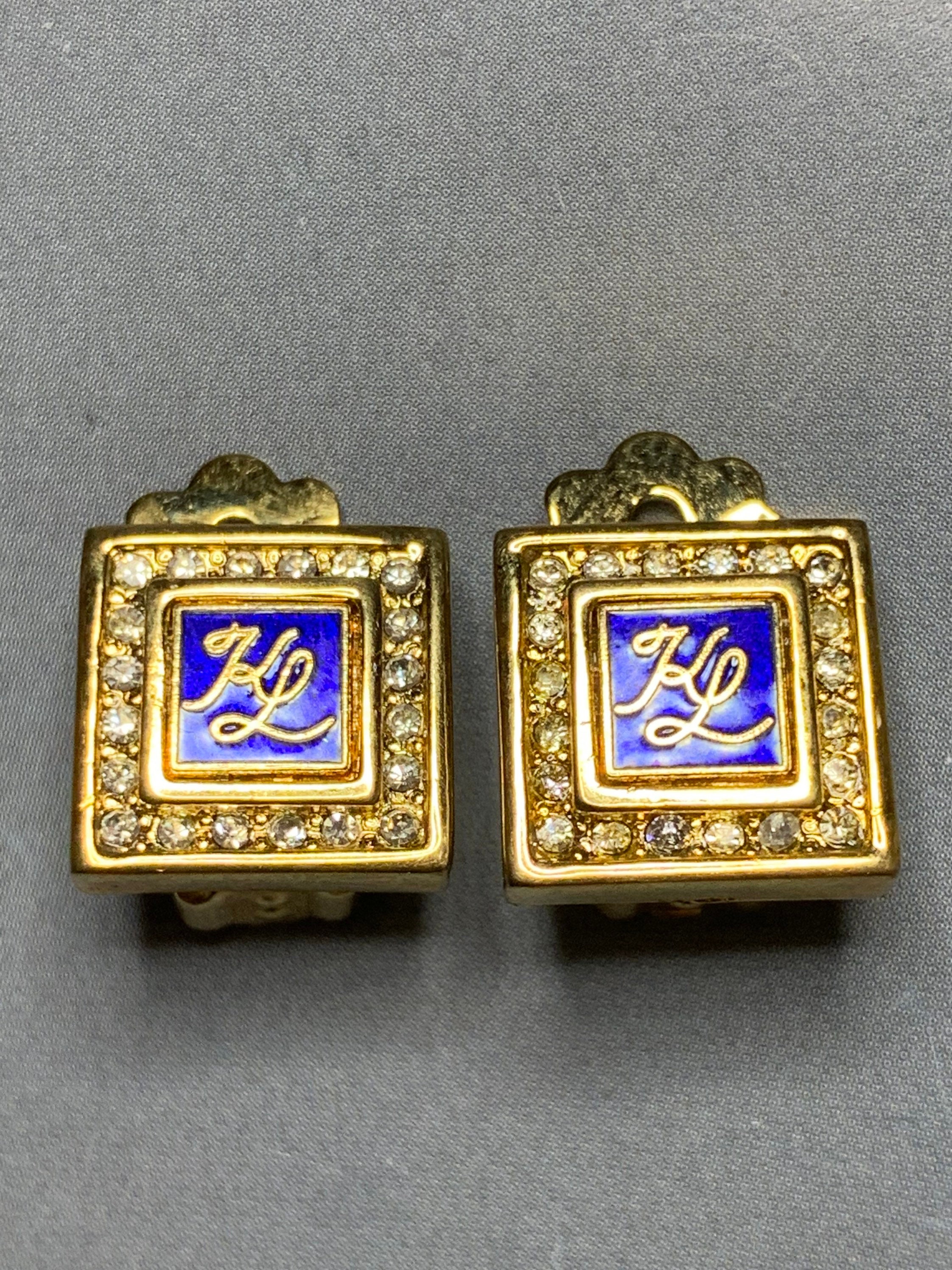 GORGEOUS KARL LAGERFELD Iconic Designers Vintage Small Logo Cobalt Indigo  Blue Enamel Crystal Clip on Earrings, Statement Couture Runway 