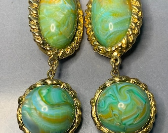 FABULOUS VINTAGE  TURQUOISE Poured Resin in a 24 Carat Gold Plated metal, 1980&#39;s Spanish, Long Dangly Drop Statement Boho Runway Couture Xl