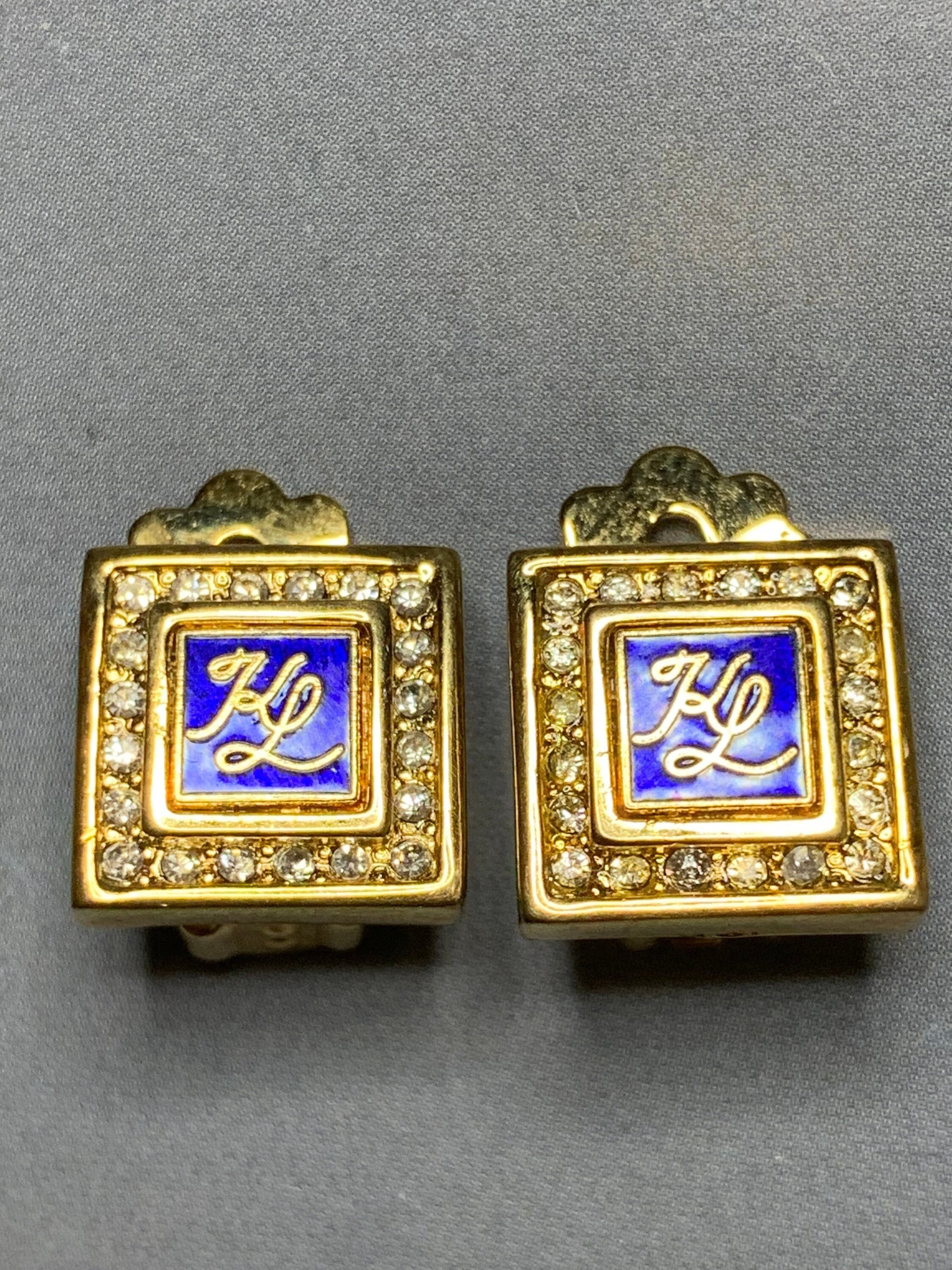 Boucles D'Oreilles Vintage Karl Lagerfeld - Clips Dorés à Motif Lilas Et Résine - Grand Modèle