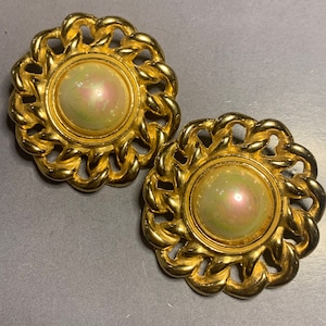 Huge SPHINX VINTAGE GOLD Metal Faux Pearls Baroque Round Greek Style Bridal Wedding Statement Runway Haute Couture Signed Clip On Earrings