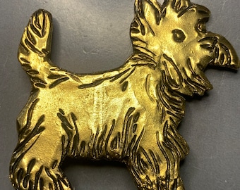 WONDERFUL SCULPTURAL FRENCH Designer Jacky de G Terrier Scottie Dog Gold Brooch Signed 1980's modernist Art Avantgarde Statement Couture