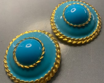 VINTAGE TURQUOISE GOLD Designer Large Round Domed Clip On Earrings 1980s Statement Couture Glamour Beach Boho Summer Vibe Xl Avantgarde Gift