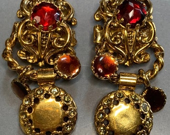 ZOE COSTE FRANCE Reminiscence Vintage 1980's Victorian Inspired Red Glass Crystals Massive Statement Gold Metal Dangly Rare Signed Earrings