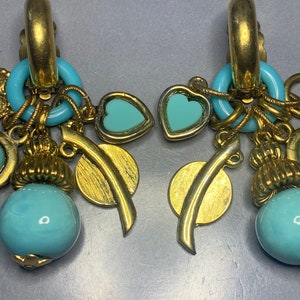 AMAZING FRENCH DESIGNER Zoe Coste Turquoise Gold Charms Clip On Dangly Oversized Huge Xl Glamorous Paris Couture Vintage 1980's Earrings