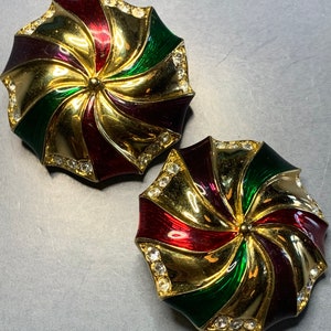 Vintage SWAROVSKI Crystals Clip On Earrings Designer 1980s Gold Metal VIBRANT Red Green Purple Swirl Circus Big Statement Runway SIGNED