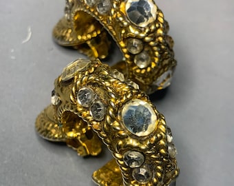 SUPERB KALINGER Gold HOOP Clip On Aretes,Cristales,Classic Designer Statement Runway Glamorous Rope Design, French Paris Vintage Couture Xl