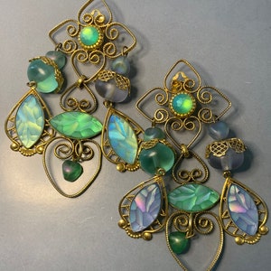 Extraordinary ZOE COSTE FRANCE Vintage Gold Metal Frosted Resin Saphiret Imitation Pastel Blue Green Massive Signed Dangly Clip On Earrings