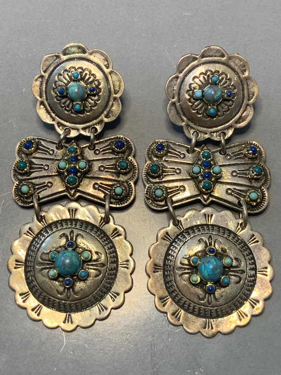 Fab Vintage Native American Zuni Turquoise Sterling Silver Chandelier Earrings Fab Vintage Native American Zuni Turquoise Sterling Silver Chandelier Earrings