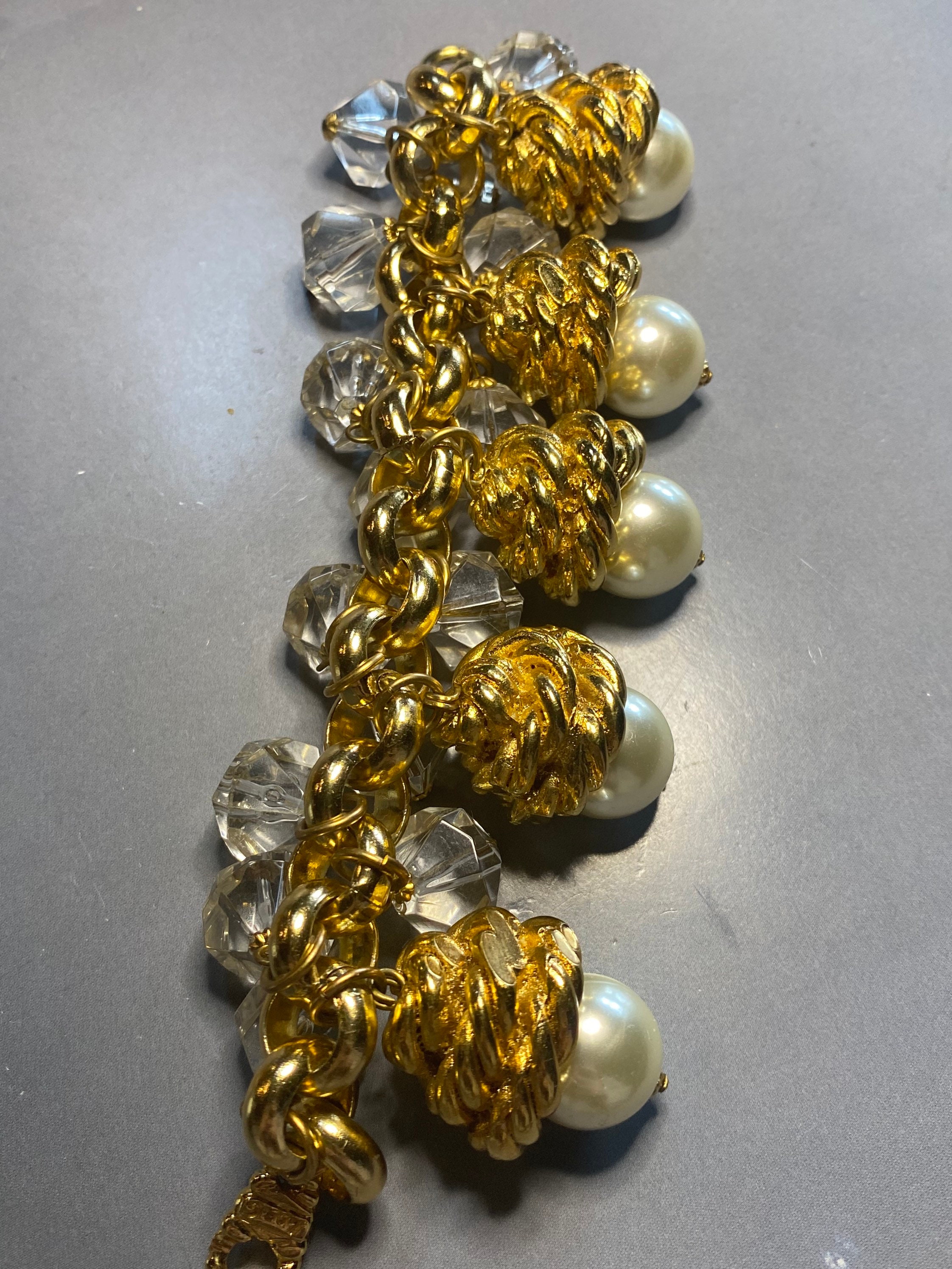 Bracelet Vintage Jackie De G - Motif Feuilles Et Perles - Occasion - Fabriqué En France