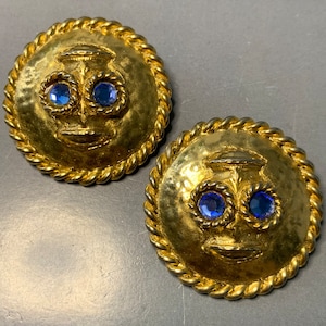 FAUBULOUS Vintage EdOUARD Rambaud DESIGNER French clip on earrings, 80&#39;s gilt metal Coin Disc Shaped blue stones, Runway Statement Glamour