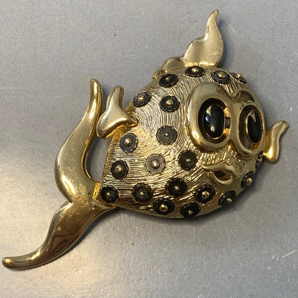 WONDERFUL DESIGNER Large FISH Vintage 1980s Gold Black Fish Brooch By Orena Paris, Sea Inspired Statement Signed Beach Boho Couture Xl