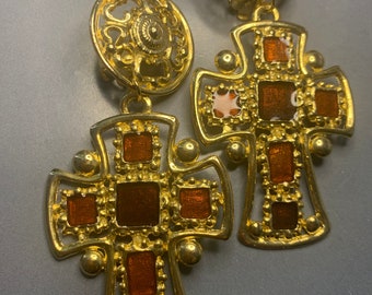 AMAZING STATEMENT Vintage 1980's Gold Metal Red Resin Enamel Baroque French Ornate Dangly Runway Hollywood Rare CROSS Clip On Earrings