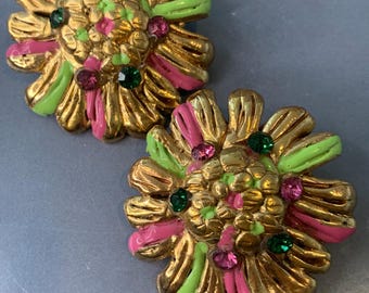 Boucles D'oreilles à Clip Jacky De G - Fleurs Roses Vintage - Style Années 90 - Occasion