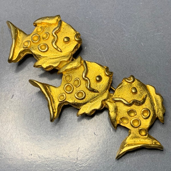 LOVELY FRENCH DESIGNER Sculptural Fish Sea inspired Brooch in Matte Gold Signed Vintage 1980's Boho Bohemian free spirited Statement Gift