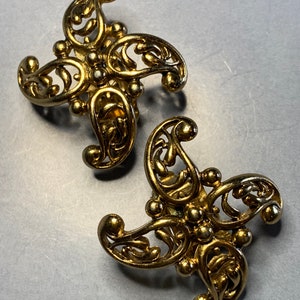 Vintage SCHERRER PARIS designer Clip On EARRINGS, Gold plated sun swirl design, statement runway couture French France 1980&#39;s/1970&#39;s signed