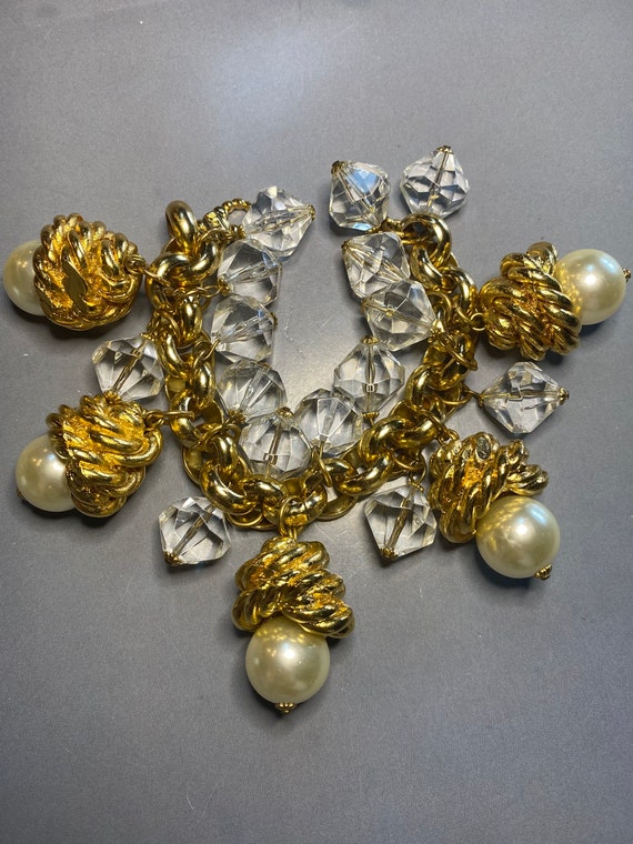 Bracelet Vintage JACKY DE G PARIS à Breloques Et Perles Acrylique - Doré - Occasion Bon état