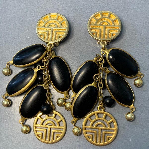 CLASSIC LOUIS FERAUD Bijoux Vintage 1980s Gold Tone Black Matte Resin Iconic Logo Statement Paris French Rare Signed Dangly Clip On Earrings