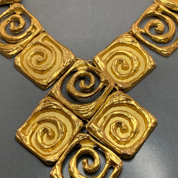 FABULOUS FRENCH DESIGNER Vintage 1980s Large Big Gold Modernist Necklace Greek Etruscan Design Statement Avantgarde Glamour Couture Signed