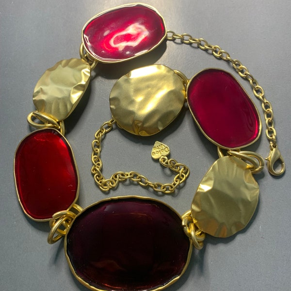 AMAZING FRENCH DESIGNER Style Signed 1980s Vintage Necklace in Gold poured Red Enamelled Discs Statement Couture Avantgarde Runway Glamour