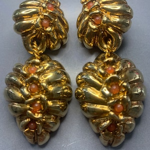FABULOUS FRENCH DESIGNER Vintage 1980s Gold Resin Dangly Large Clip On Earrings Coral Orange Cabochons Huge Statement Avantgarde Couture