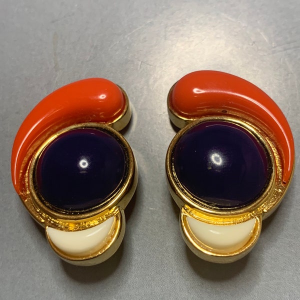 DAVID GRAU Vintage 1980's BLUE Red White gold plated Clip On Earrings, statement couture runway pieces, classic nautical,Barcelona designer