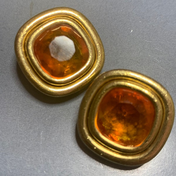 Art déco Style DAVID Grau Clip Sur boucles d’oreilles Orange Ambre, Verre coupé, Plaqué or 1980 Déclaration Grand Gatsby 1920's Style,Runway Couture