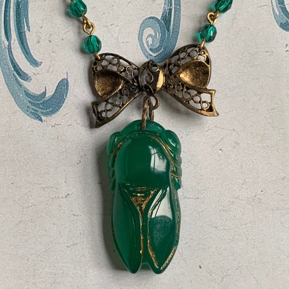 Antique green jade cicada necklace pendant 1920's