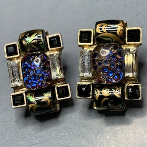 CRISTIAN LACROIX Paris Clip On VINTAGE Earrings, Couture Runway Statement Pieces, Art Deco Style, Iridescent Blue glass and Black, Signed