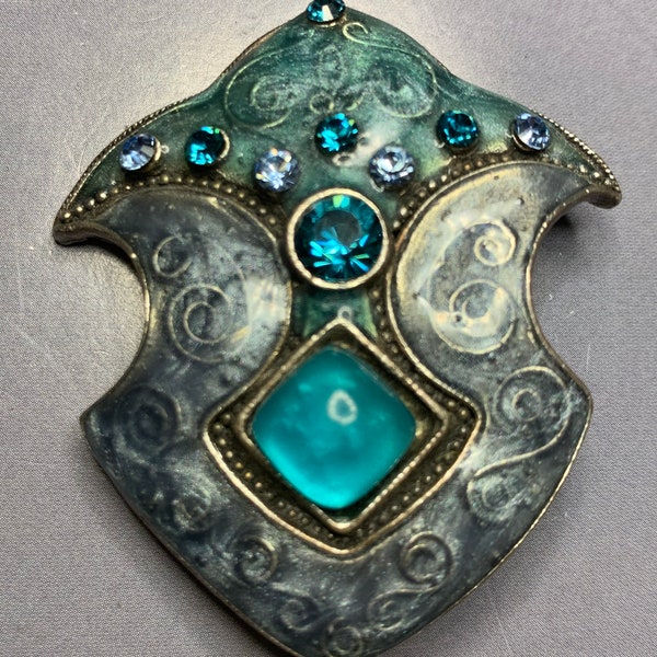 vintage CHORANGE Paris Silver Tone Blue Cristaux Turquoise Bleu Faceté Résine Émail Design Grande Déclaration Années 1980 Défilé SIGNÉ Rare Broche