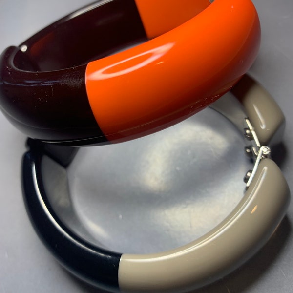 COLLECTION Of Two BANGLES By Designer Giorgio ARMANI Resin Black Coral Orange Taupe Large Big Chunky Statement Avantgarde Runway Couture