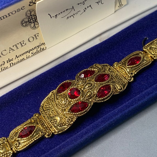 FABULOUS ETRUSCAN DESIGNER Jackie kennedy's Xl Gold plated Link Bracelet, Ruby Red Crystals, Vintage Greek Byzantine Iconic Signed Statement