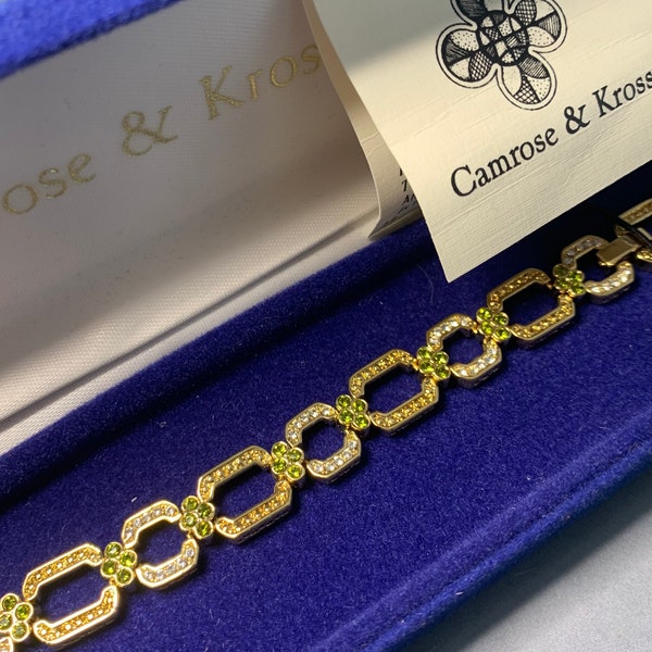 GORGEOUS DESIGNER Jackie KENNEDY Link Bracelet,Gold Moss Green & Clear Crystals,Vintage Signed 1980's Bollywood Runway Princess Statement