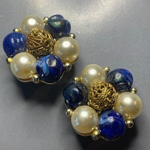 1960s LISNER VINTAGE DESIGNER Gold Metal Faux Pearls Cobalt Blue Resin Beads Silver Statement Runway Haute Couture Signed Clip On Earrings