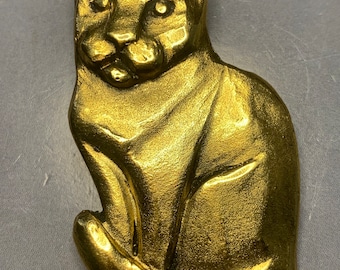 WONDERFUL SCULPTURAL FRENCH Designer Jacky de G Large Cat Gold Plated Brooch Signed 1980's modernist Art Avantgarde Signed Statement Couture