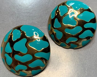 FABULOUS BALENCIAGA TURQUOISE Gold Clip On 1980's Vintage Earrings Signed Leopard Design, Designer French Paris Couture Statement Glamour