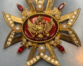 MAGNIFIQUE croix de maltaise VINTAGE pendentif broche or rouge émail perles cristaux énorme glamour avant-garde grande déclaration xl couture des années 1980