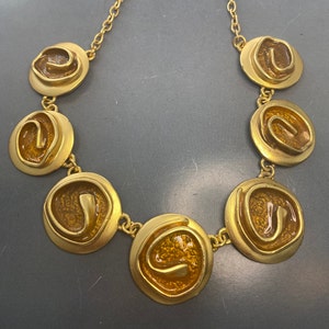 WONDERFUL MATTE GOLD Signed Choker Necklace With Poured Resin Over Citrine Coloured Enamel, Modernist Sculptural Runway Statement Couture