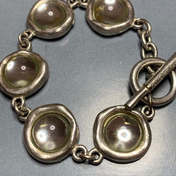 LOVELY DESIGNER BICHE De Bere Silver Metal Bracelet with cabochon clear glass droplets,Vintage Signed Runway Statement Fashion Couture Piece