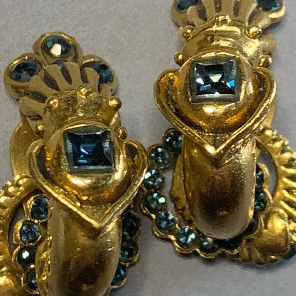 LOVELY FRENCH DESIGNER Vintage Reminiscence Gold And Sea Blue Crystal Clip On earrings, Greek Romain Flame Design, Statement runway 1980's