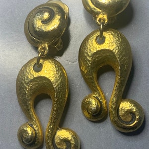 LOVELY ETRUSCAN French DESIGNER Marc labat Greek Style Gold Clip on earrings Signed Statement Iconic Runway Vintage 1980s Glamour Couture