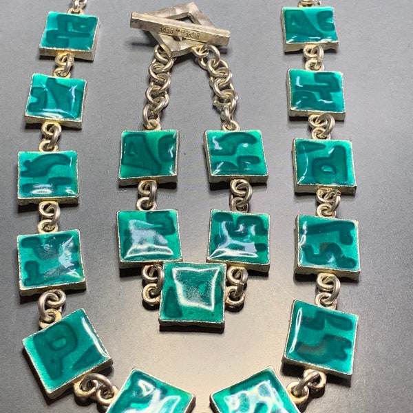 vintage BICHE De BERE Français Designer TURQUOISE Collier et Bracelet Bleu Mer avec émaillage, métal argenté,Défilé Couture Paris Boho Beach