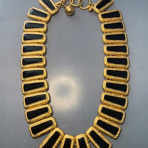 Amazing ANNE KLEIN Vintage Gold Ornate Black Enamel Chunky Collar Choker Necklace Statement Runway Palm Beach XL