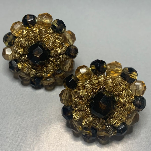 VENDOME Vintage Designer Round Beaded Gold Tone Flower Like Design Brown Statement Runway Couture Hollywood SIGNED Latchback Earrings