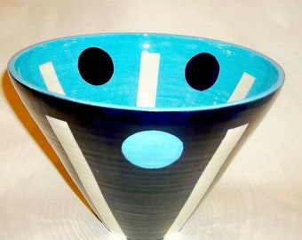 VINTAGE Mid-Century Modern Bowl Aqua Blue White Black “A” Artist