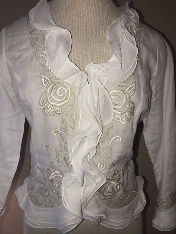 VIntage NEIMAN MARCUS White Linen Ruffle Blouse si