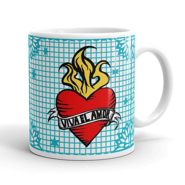 VIVA el AMOR / Long Live Love / Papel Picado Flaming Heart Art Tattoo Mug