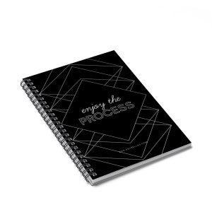 May include: Black and white spiral notebook with a geometric design and the text "enjoy the PROCESS".